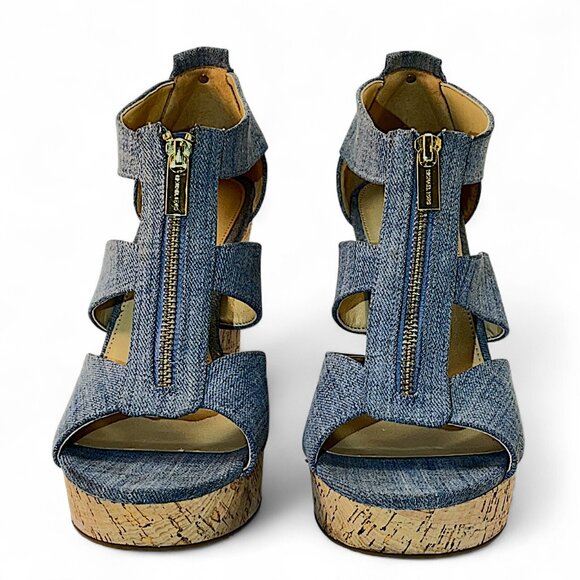 Michael Kors Blue Cork Wedge Sandal Platform Zip Back Washed Denim Size 9.5M - Picture 2 of 8